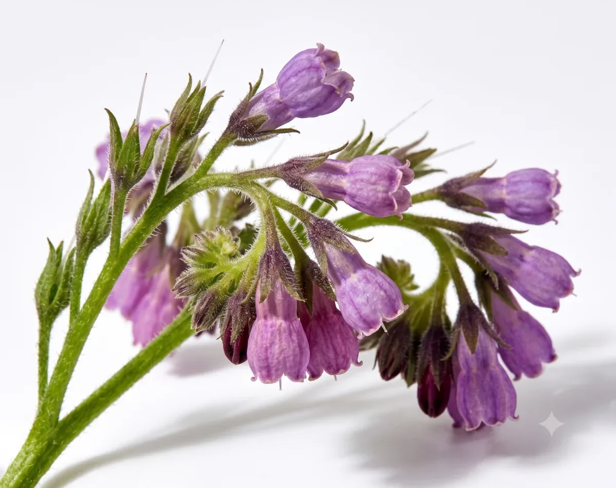 Sprig of purple comfrey flowers on a white background