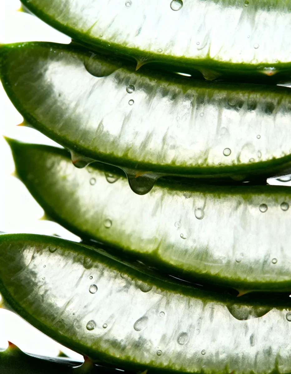 Slices of fresh aloe vera leaf showing the clear, glistening gel inside