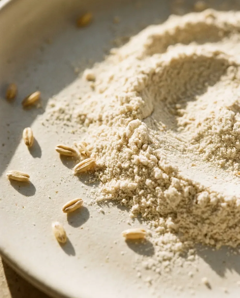 Fine oat powder swirled on a ceramic dish with a few whole oat grains