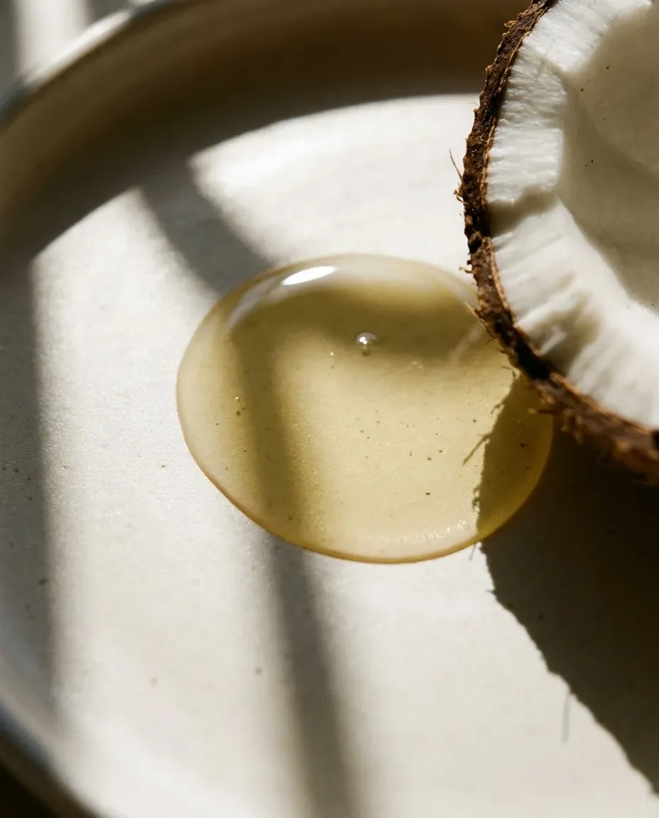 Pool of clear golden oil on a ceramic dish beside a split coconut