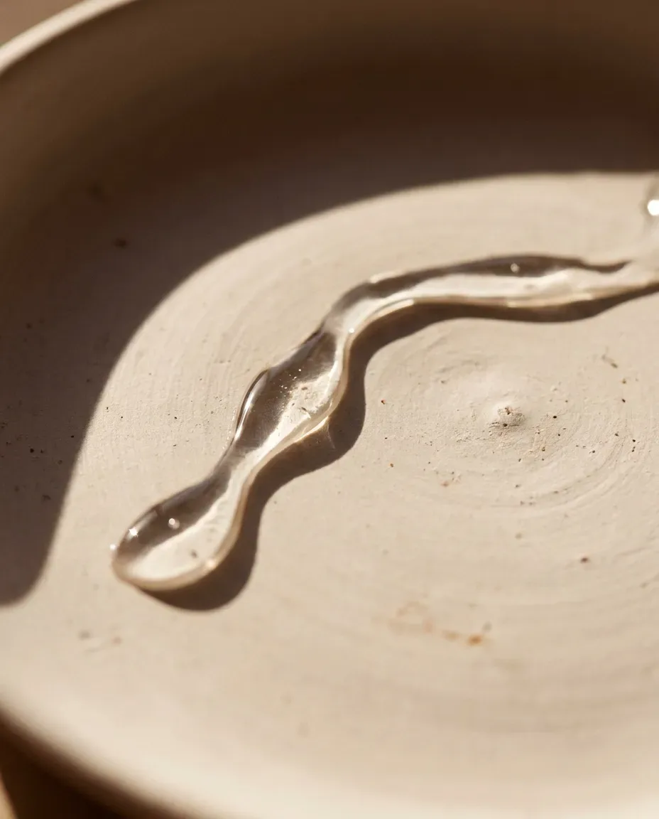 Thin ribbon of clear liquid drawn across a ceramic dish