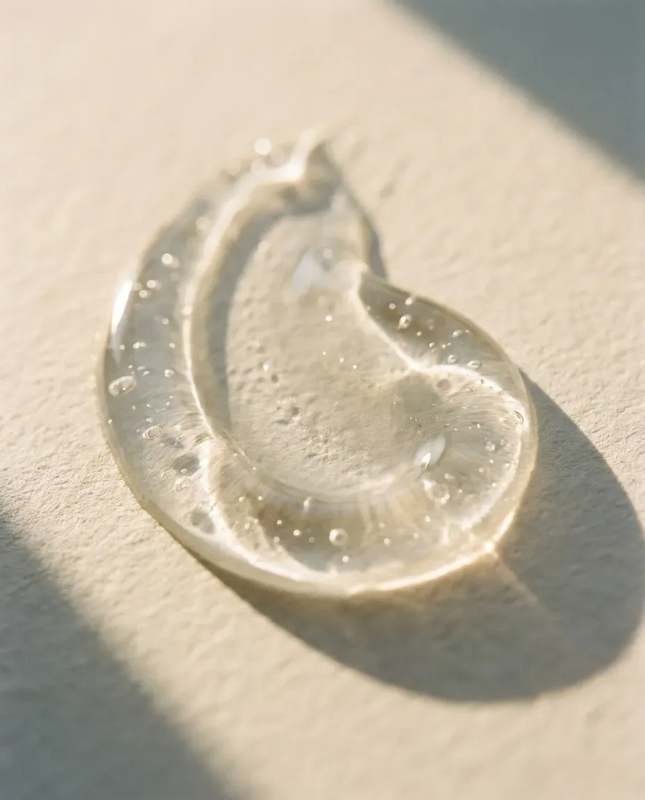 Swirl of clear, glossy gel on a pale surface