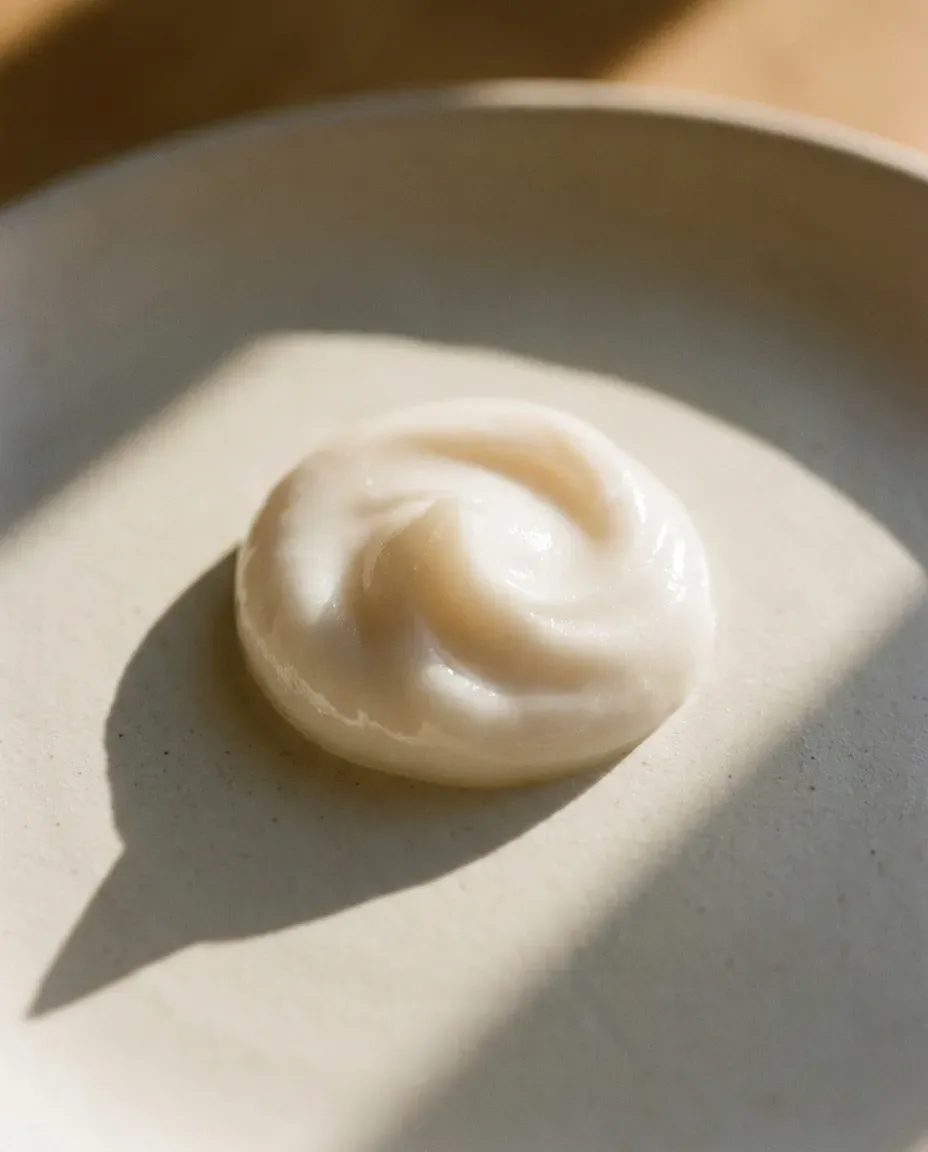 Dollop of smooth white cream on a ceramic dish