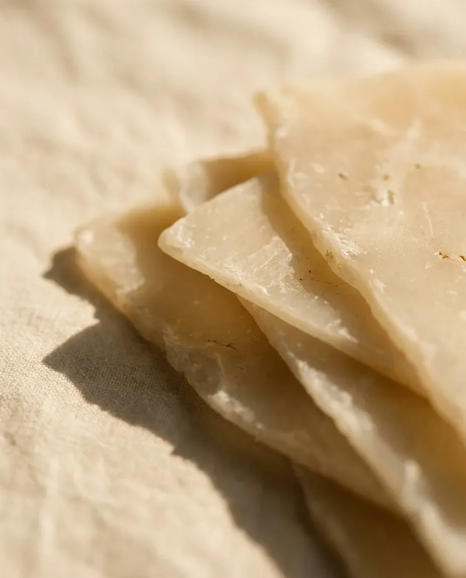 Stacked pale, waxy flakes resting on linen