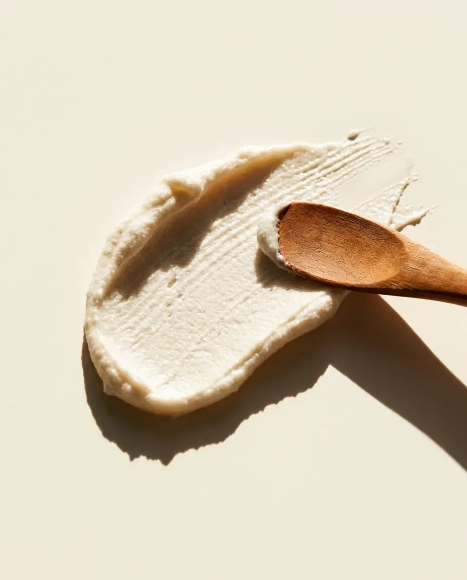 Smear of off-white cream with a small wooden spatula