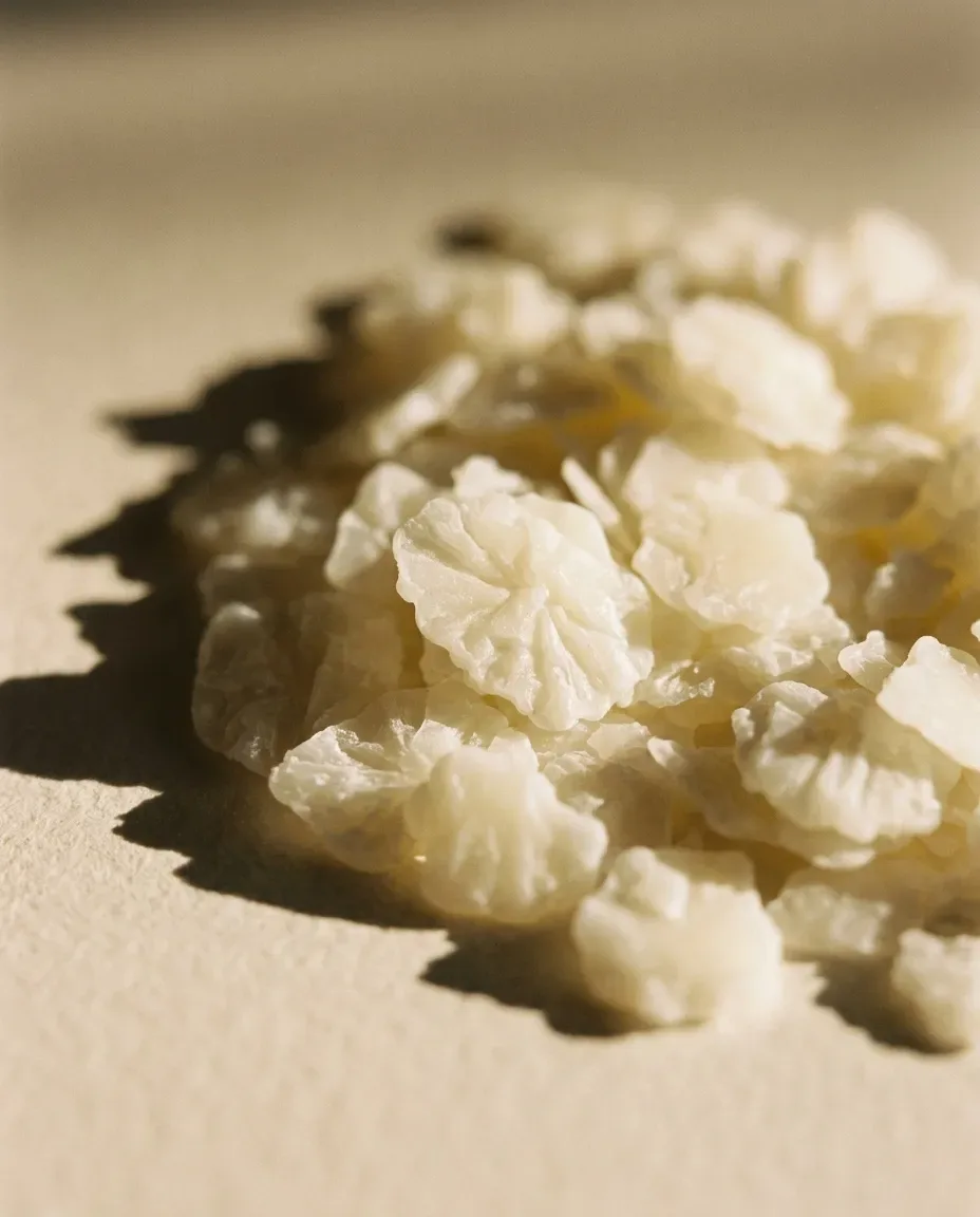 Pile of white waxy flakes casting soft shadows