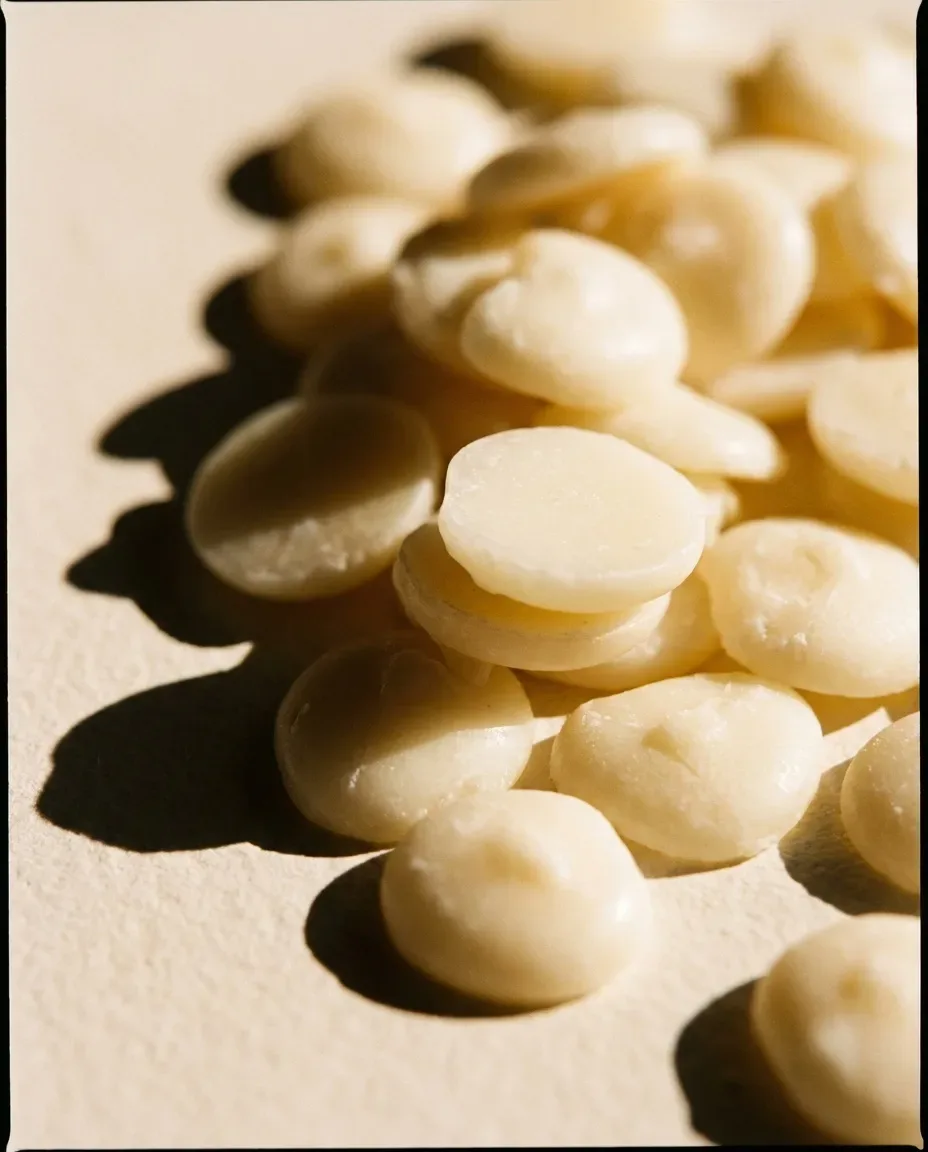 Heap of smooth, pale wax pastilles in warm sunlight