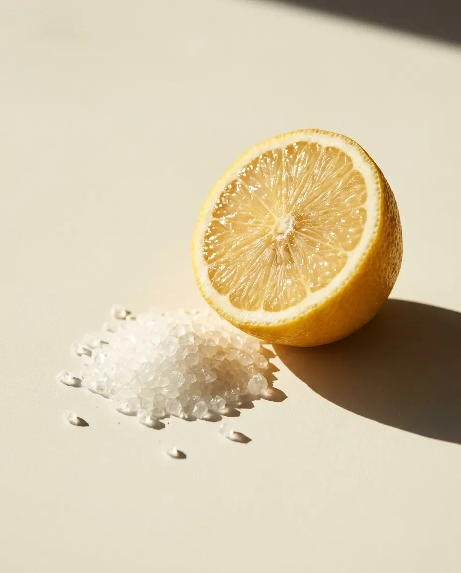 Halved lemon beside a small pile of white crystals