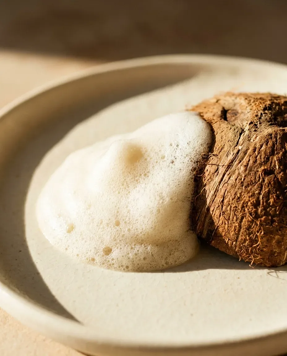 White foam on a ceramic dish beside a whole coconut