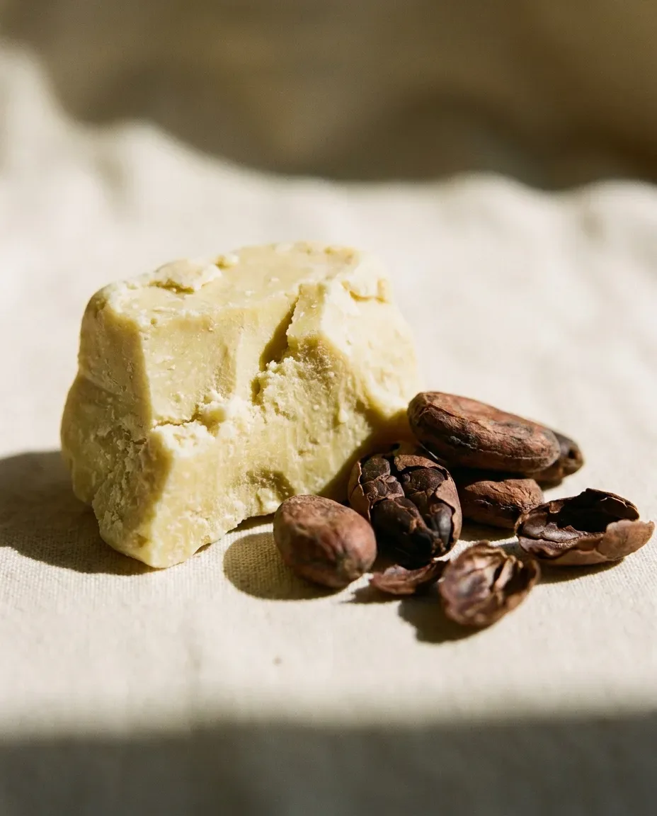 Block of pale yellow cocoa butter with roasted cacao beans