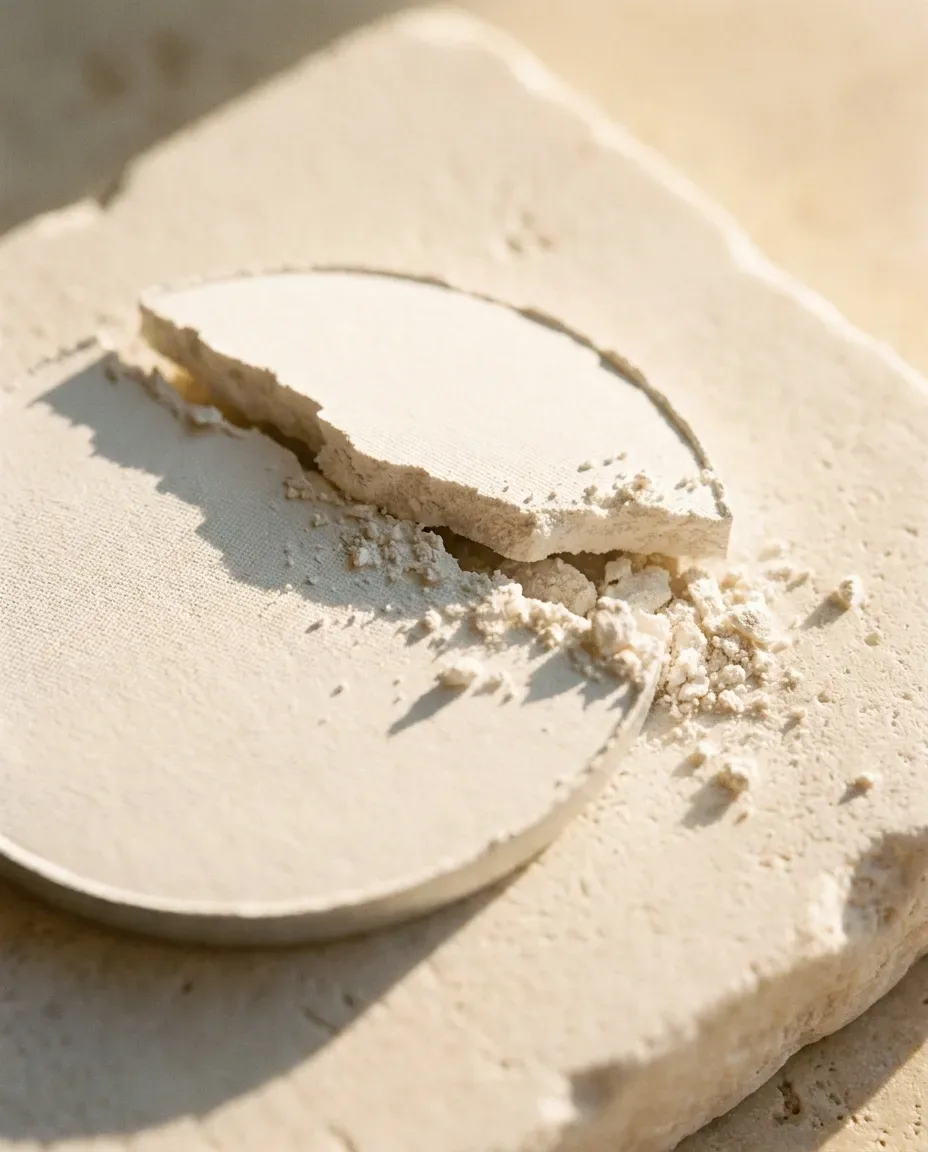 Pressed white powder disc, partly crumbled, on a stone tile
