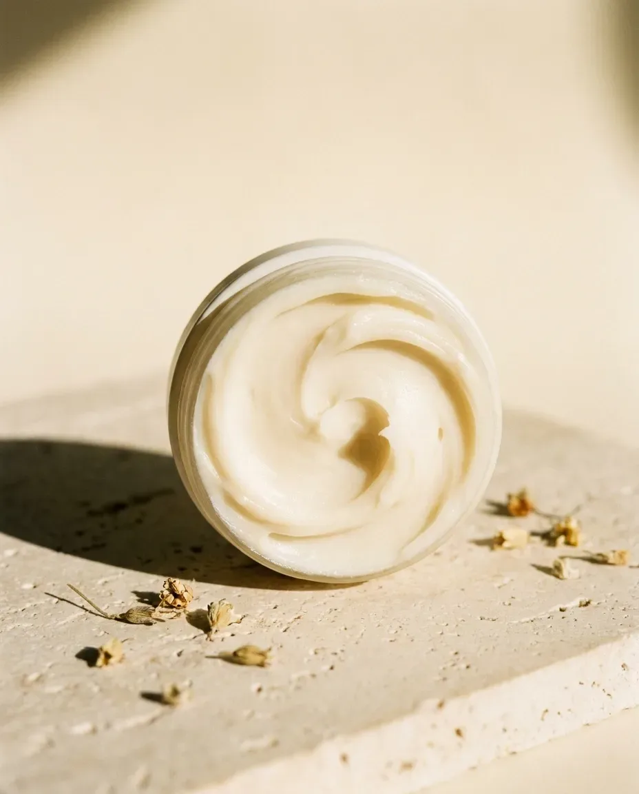Open jar of white cream on stone, scattered with dried flowers
