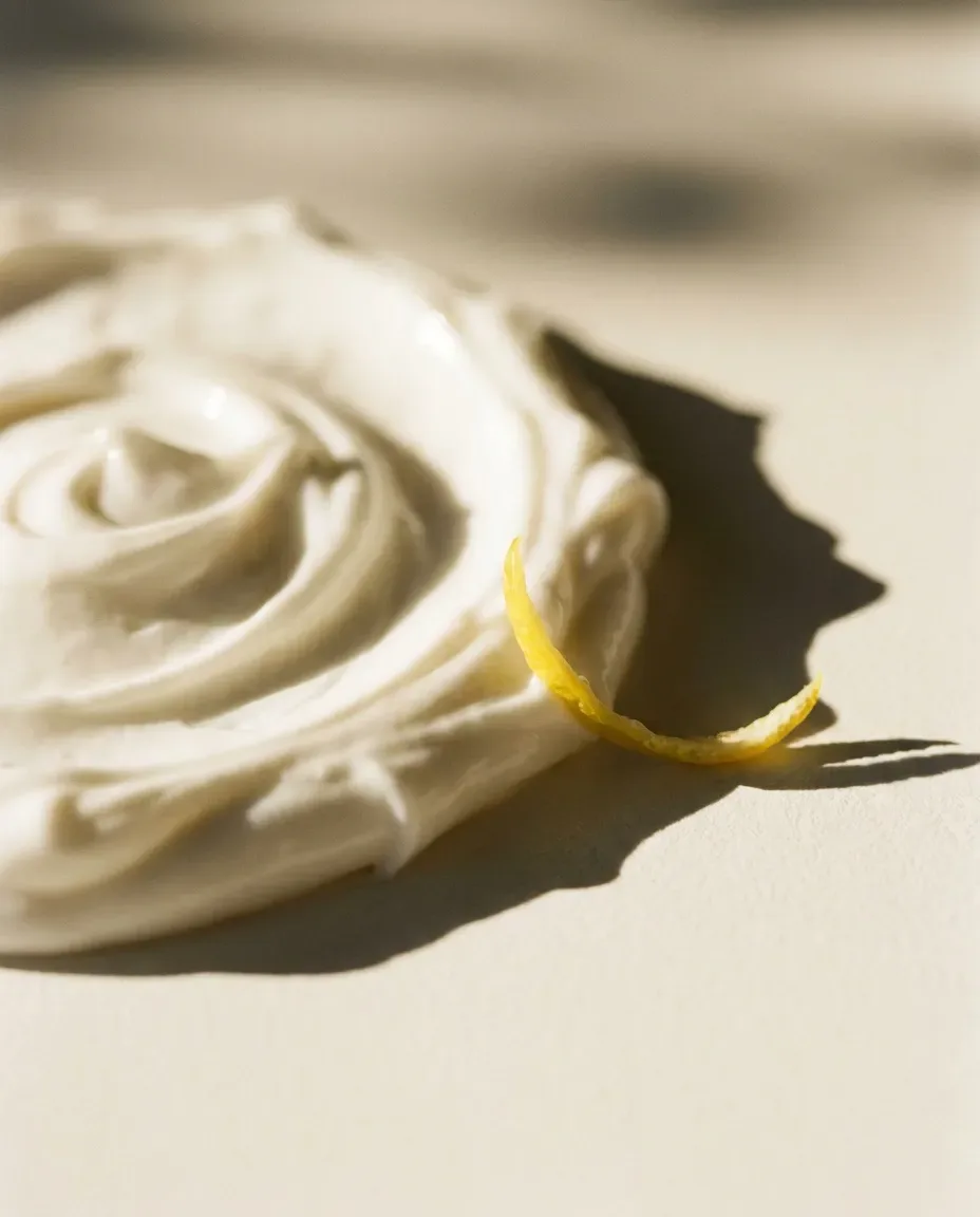 Swirl of white cream with a curl of lemon peel