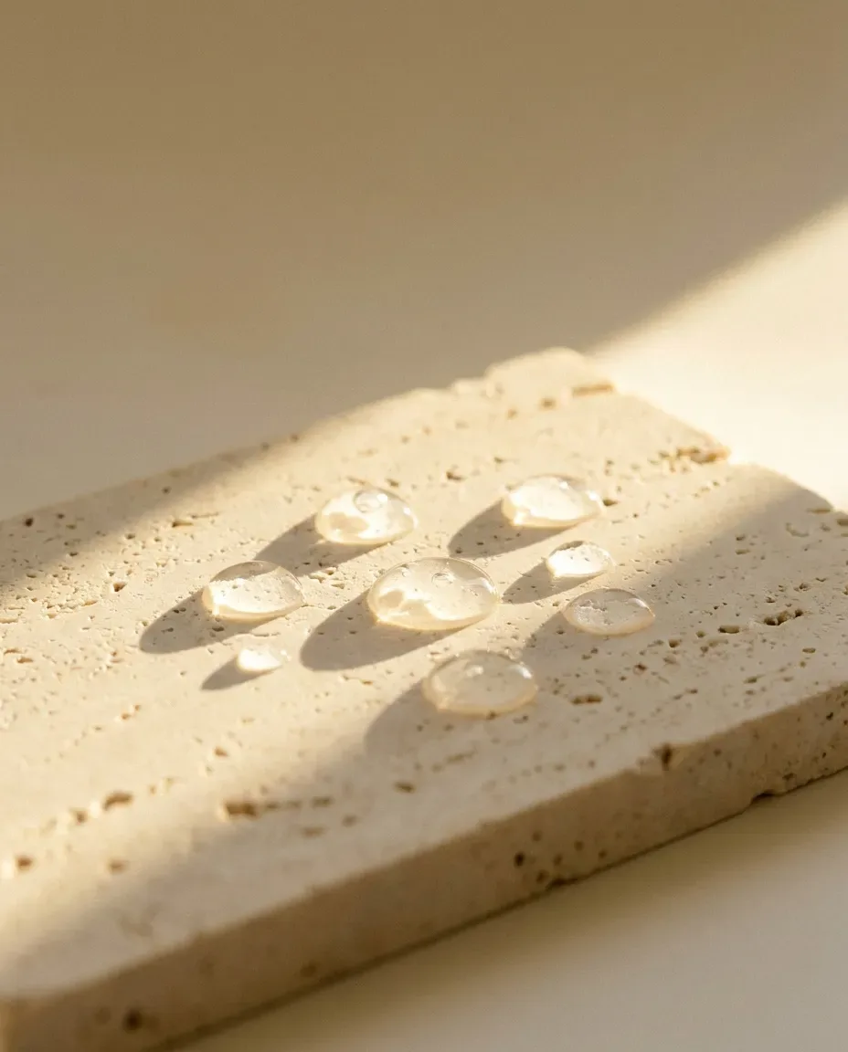 Clear droplets beaded on a travertine tile