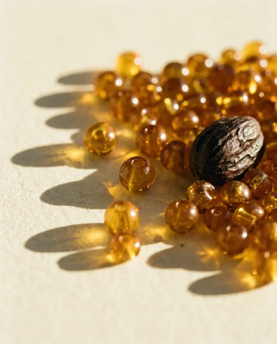 Translucent amber beads around a single jojoba seed