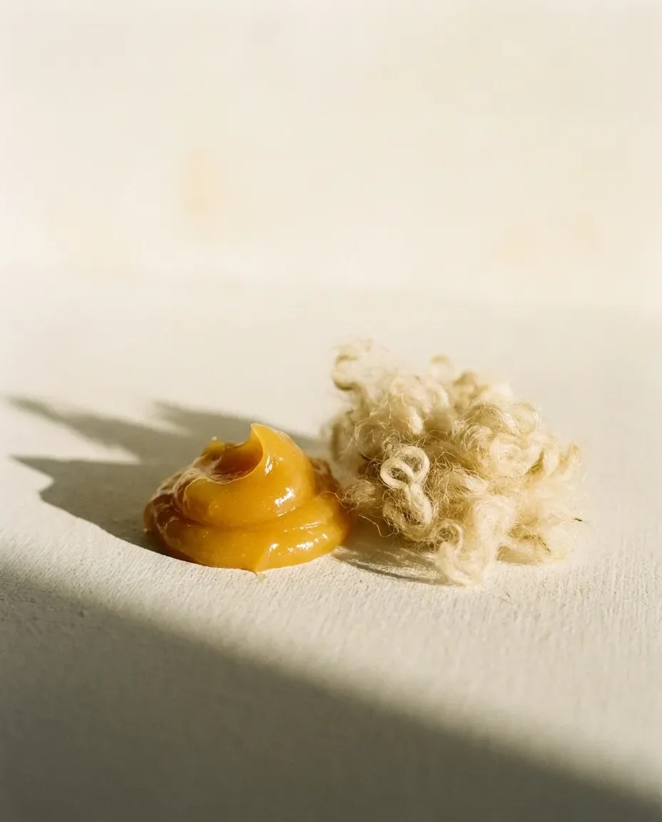 Dollop of golden lanolin beside a tuft of raw sheep’s wool