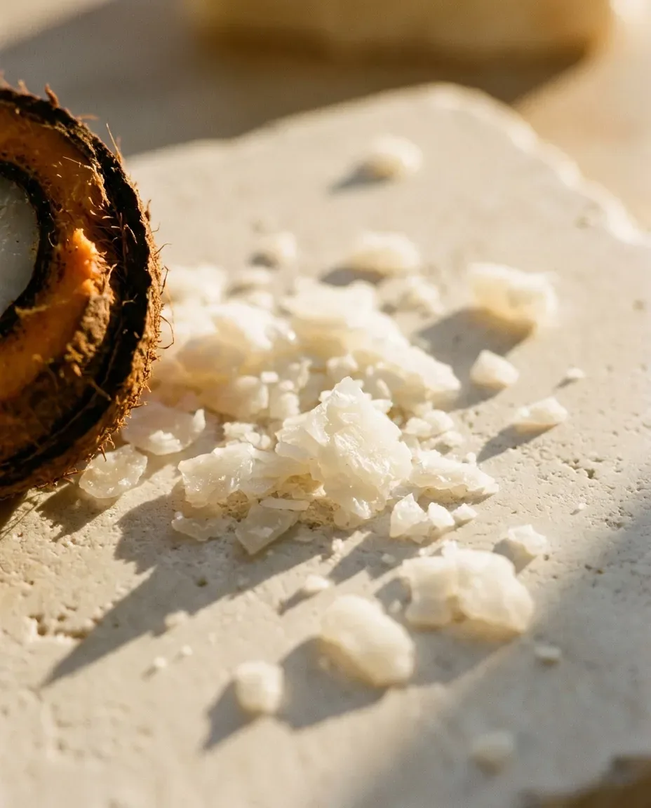 White flakes on a stone tile beside a split palm fruit shell
