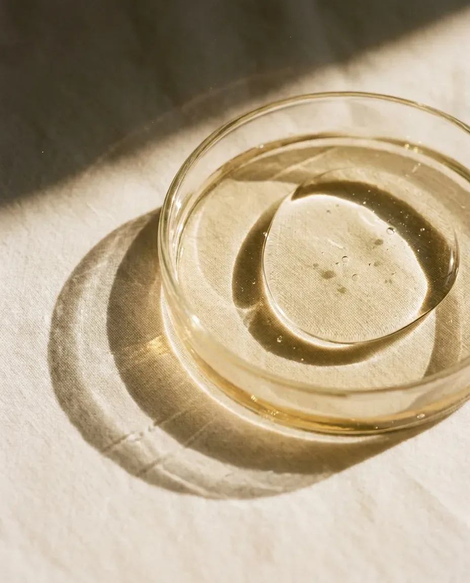 Shallow glass dish holding a clear liquid