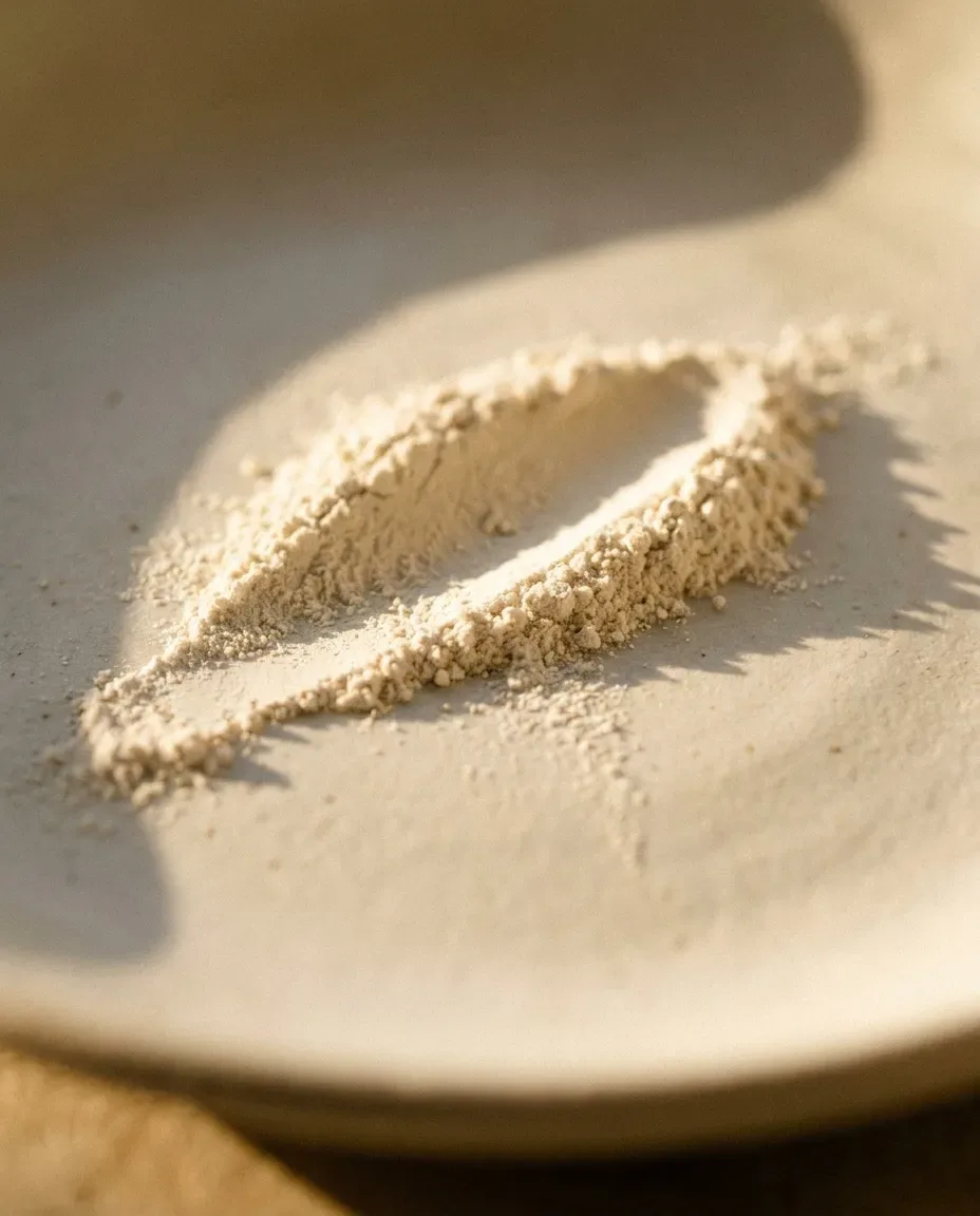 Streak of fine white powder on a ceramic dish