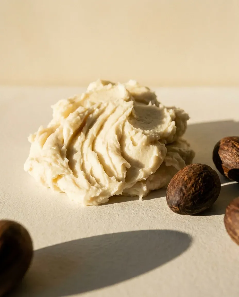Whipped shea butter beside whole shea nuts