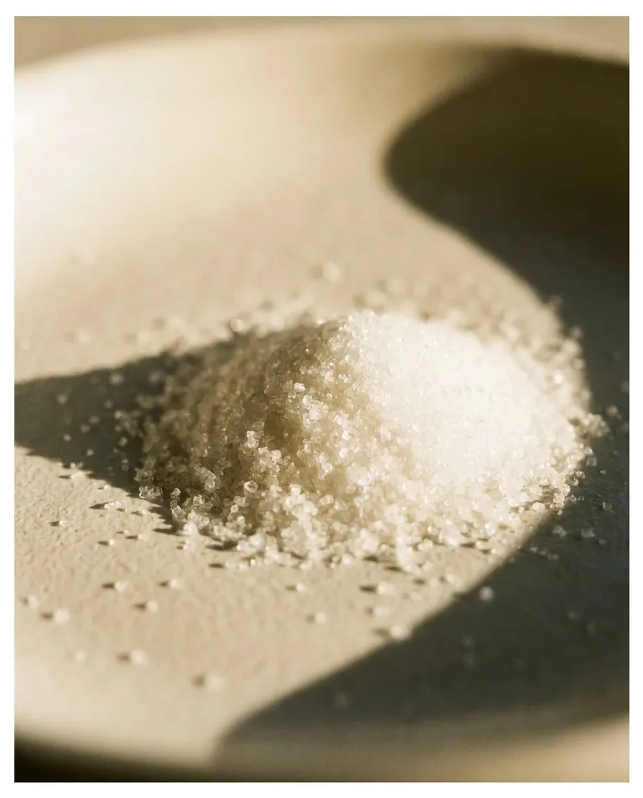 Small mound of fine white granules on a ceramic dish