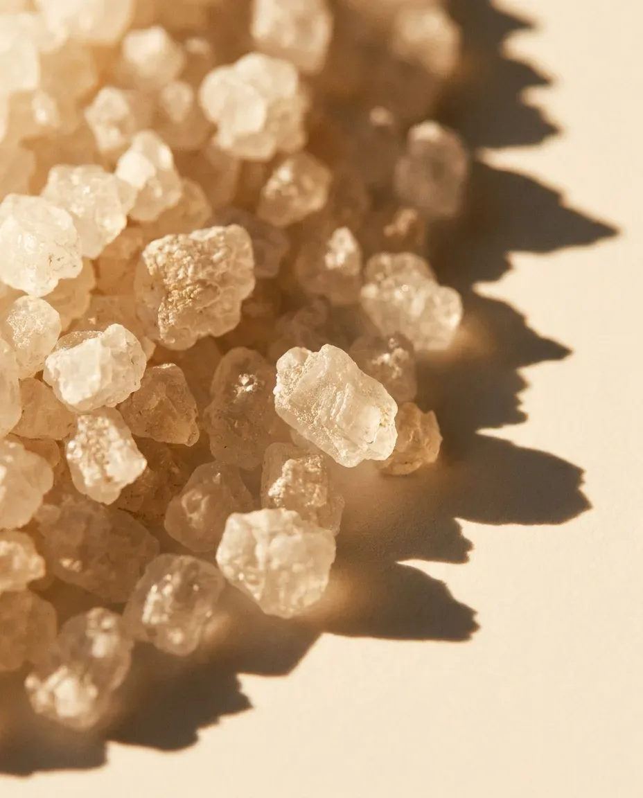 Pale pink salt crystals in warm sunlight