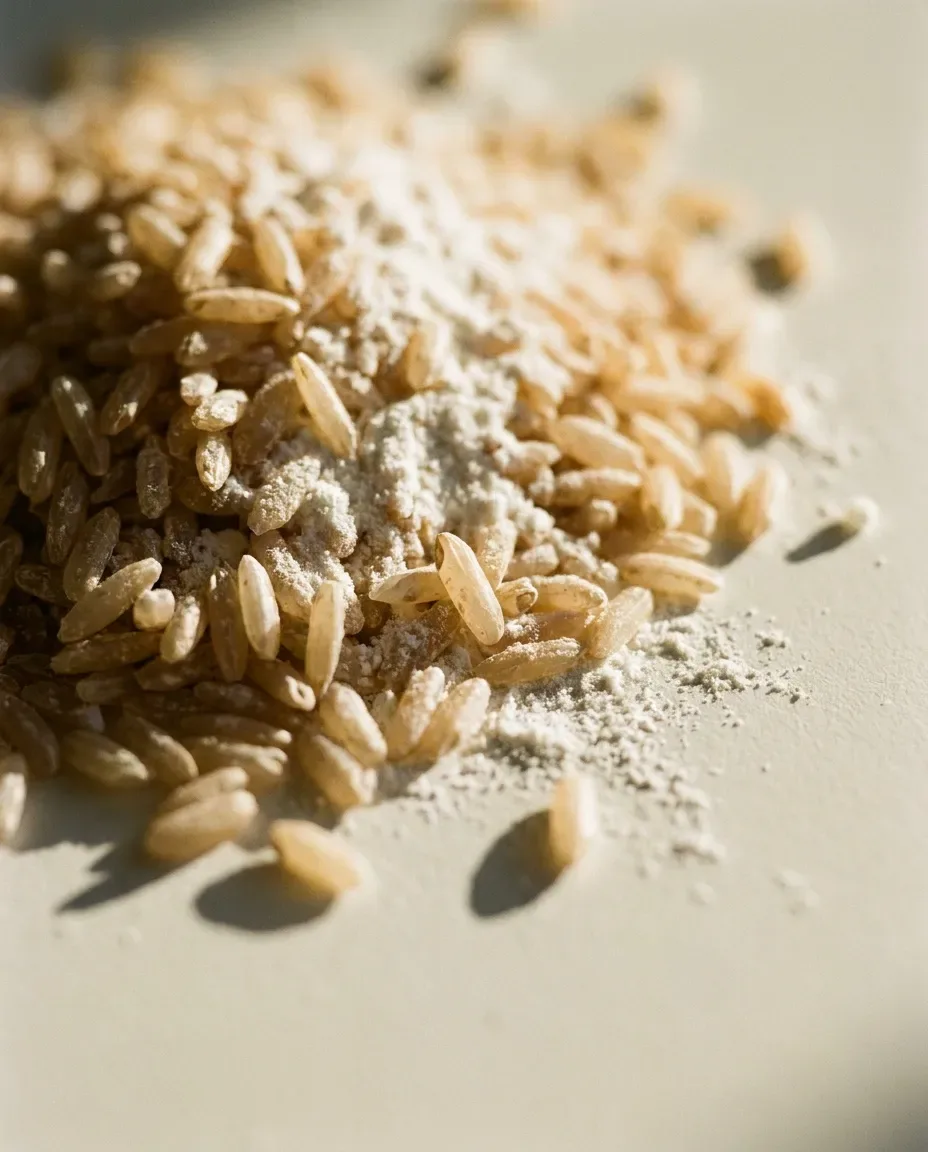 Brown rice grains dusted with fine white powder