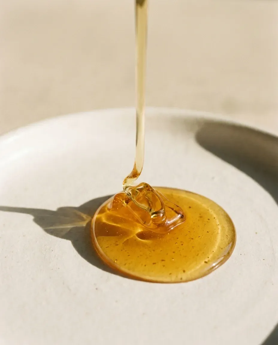 Stream of amber oil pouring into a pool on a ceramic dish