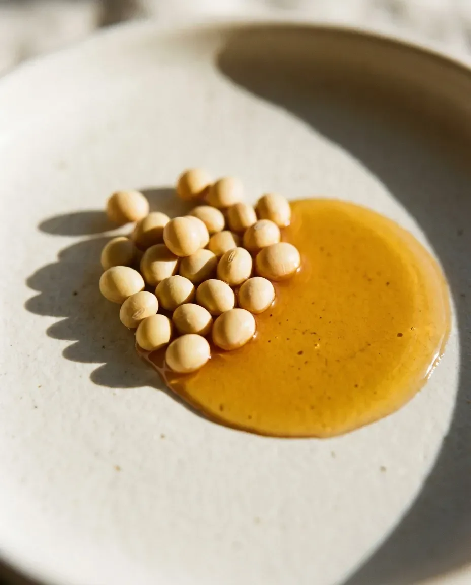 Whole soybeans beside a pool of golden oil on a ceramic dish