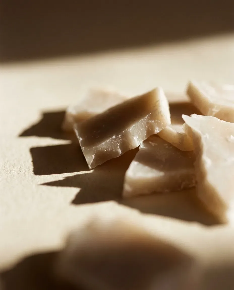Off-white waxy chunks in slanting light