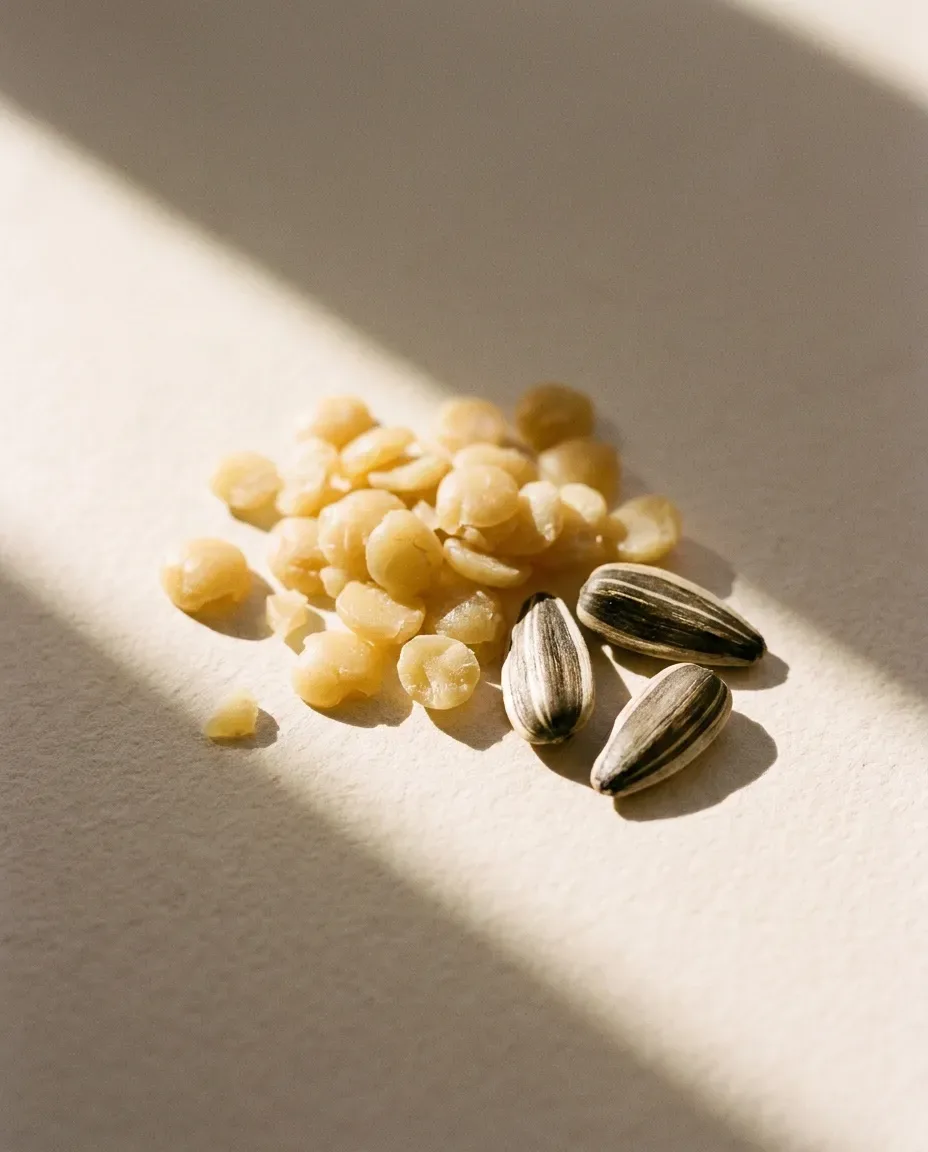 Pale yellow wax pellets beside striped sunflower seeds