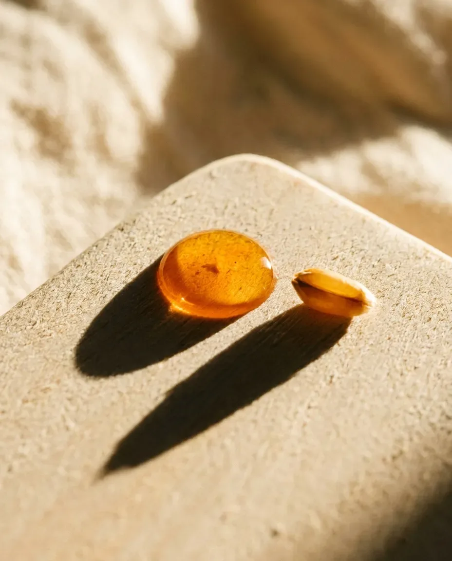 Amber drop of vitamin E oil and a softgel on a stone tile