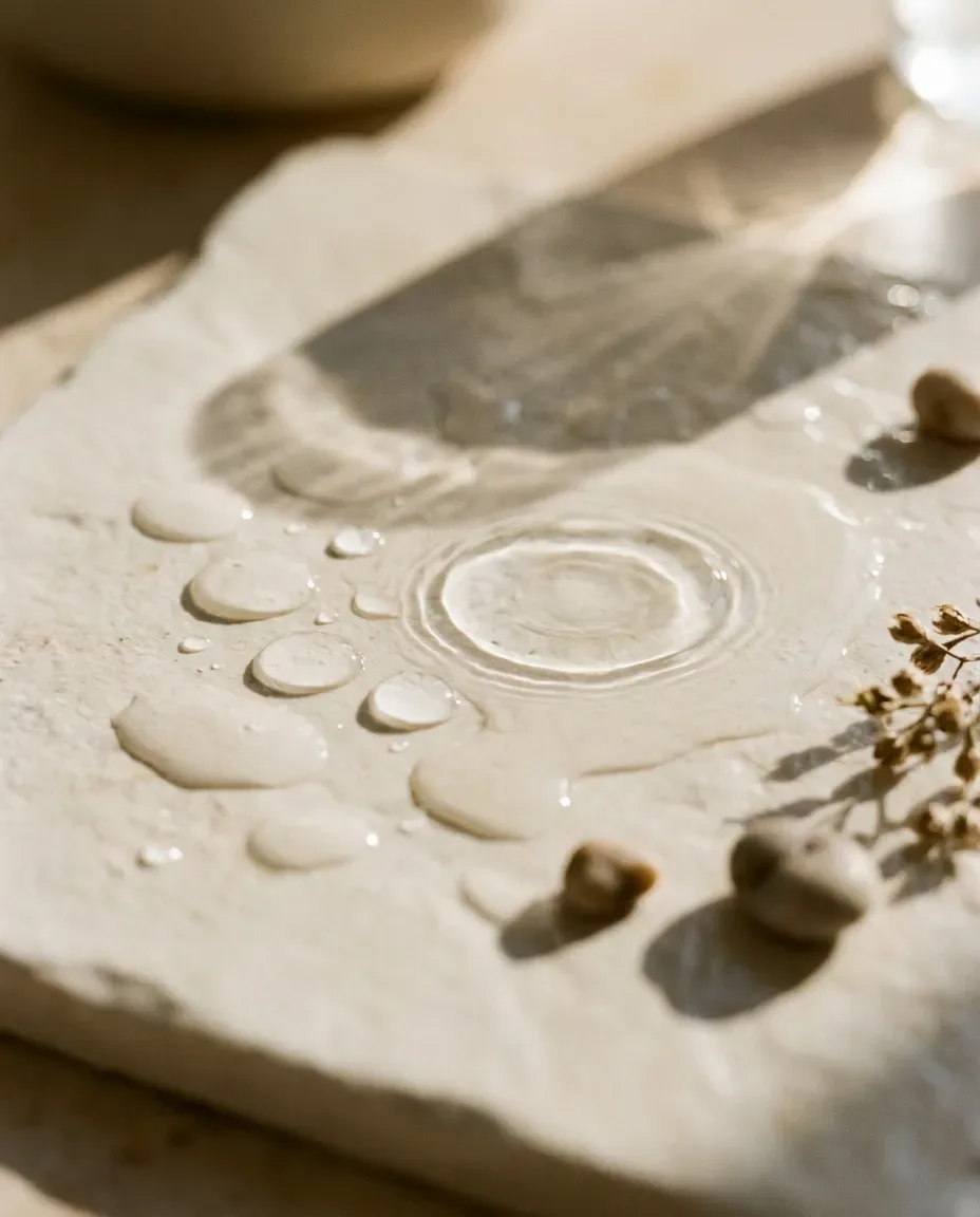 Beads and puddles of clear water on a white stone slab